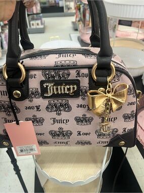 Juicy Couture Pink and Black Logo Satchel with Gold Bow Charm
